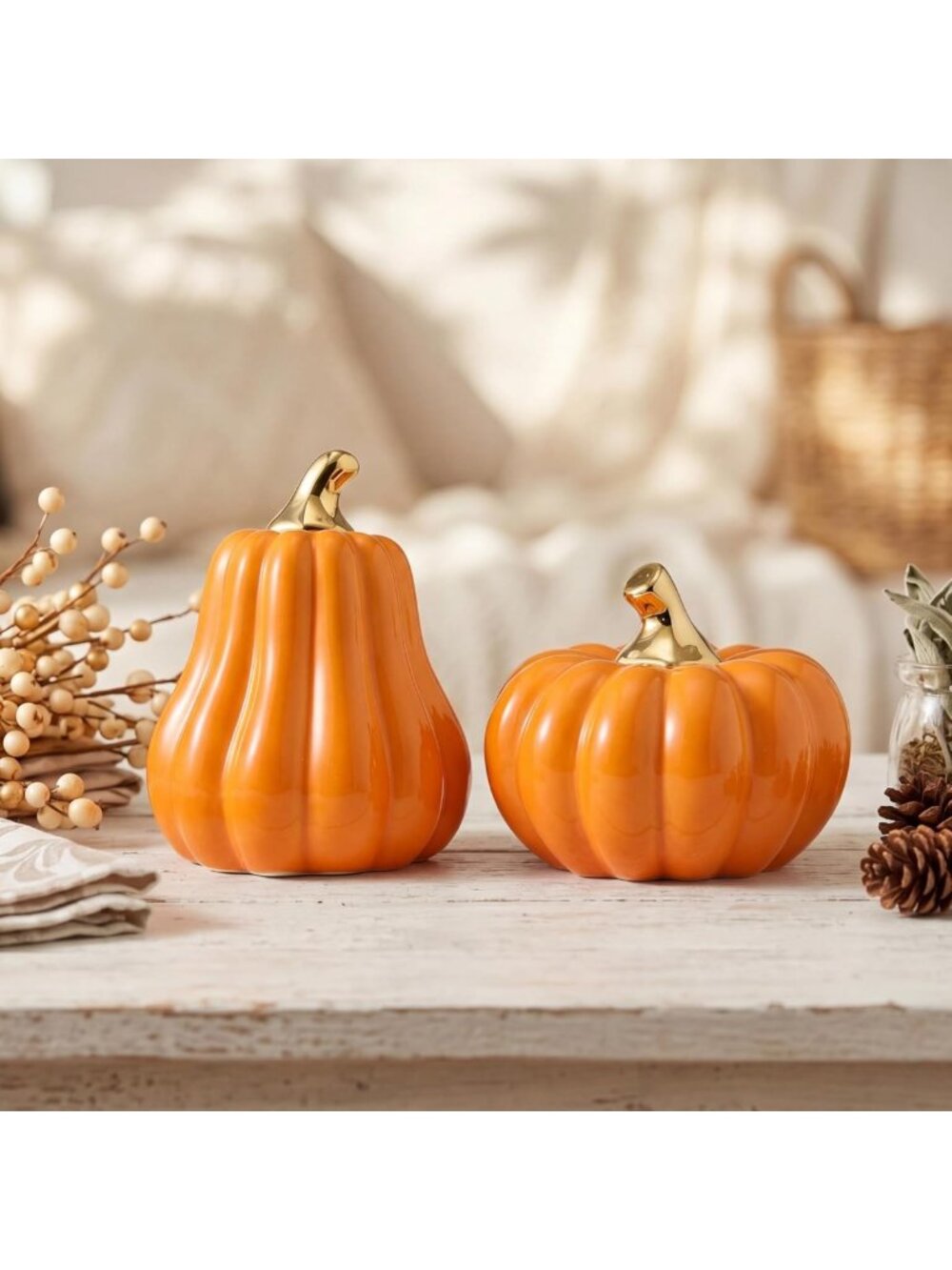 Set of 2 Fall Ceramic Pumpkins for Home Decor - Orange with Gold Stem Accent